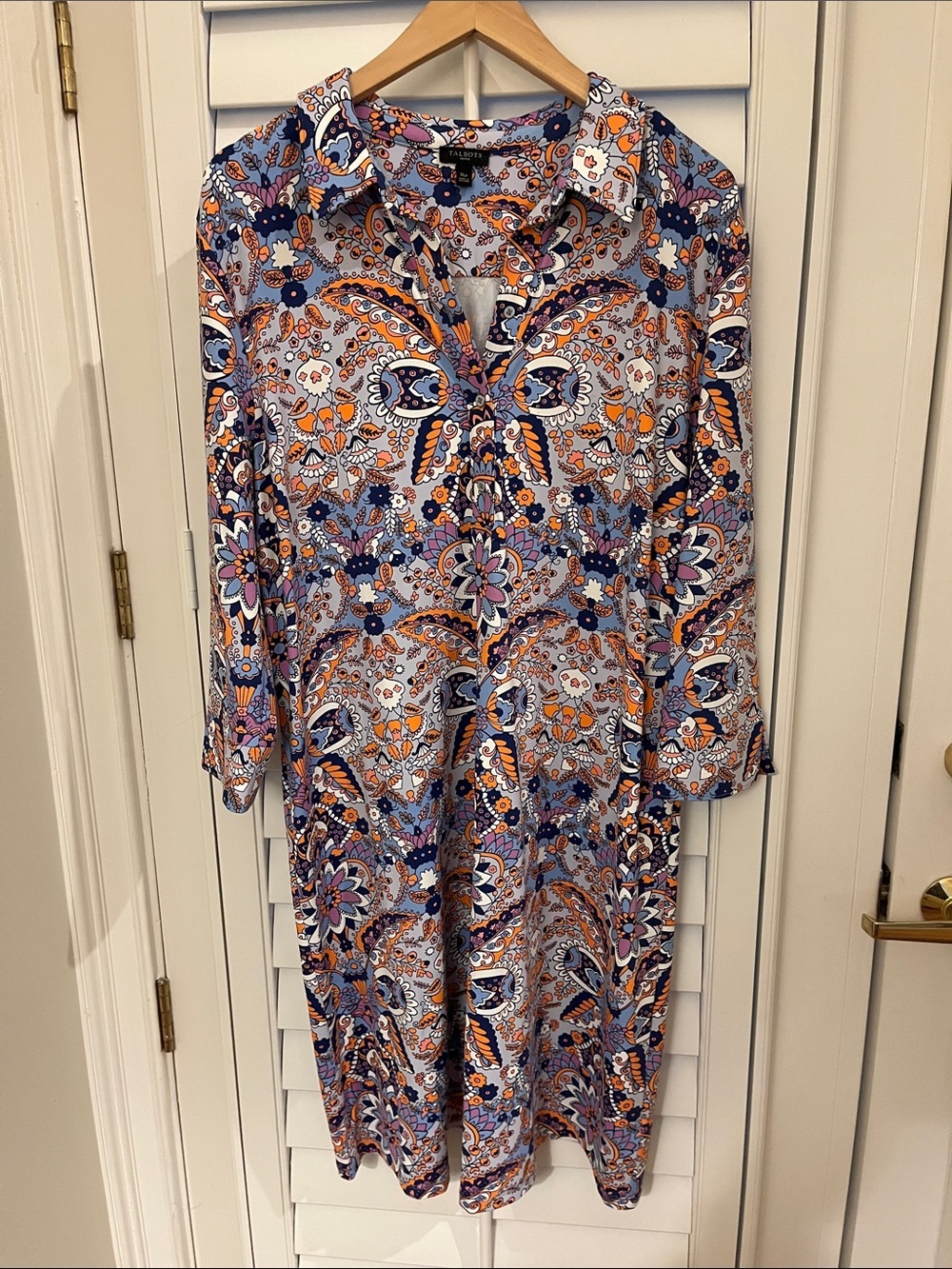 Talbots Paisley Button-Front Tunic in Light Blue, Orange & Purple Stretchy XLP